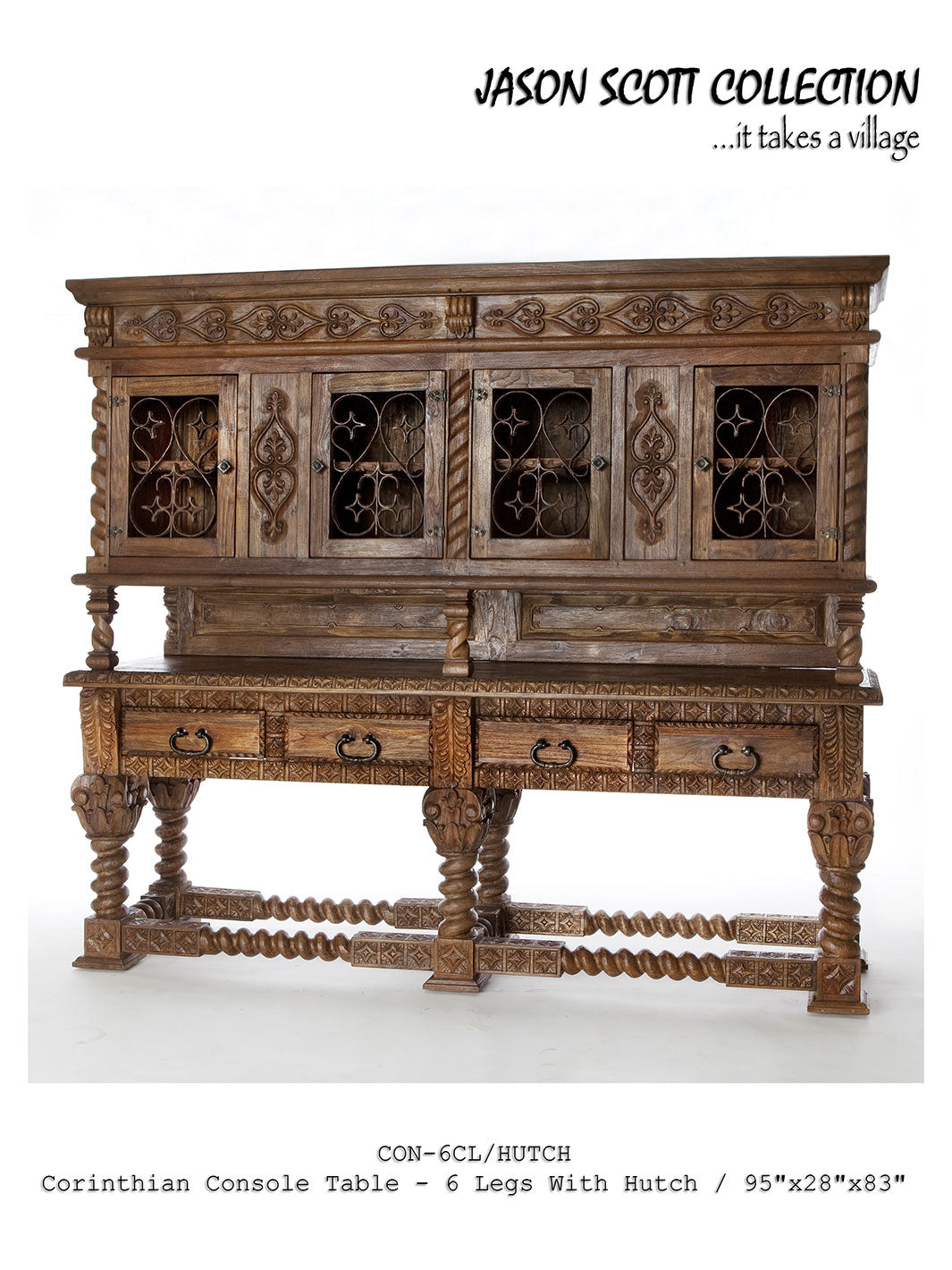 A Jason Scott Corinthian 6 Leg Console with Hutch made of teak wood with intricate carvings and six legs, featuring a hutch with glass panel doors.