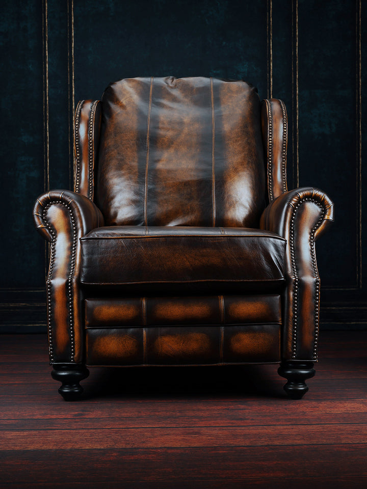 front view of dark brown burnished leather recliner