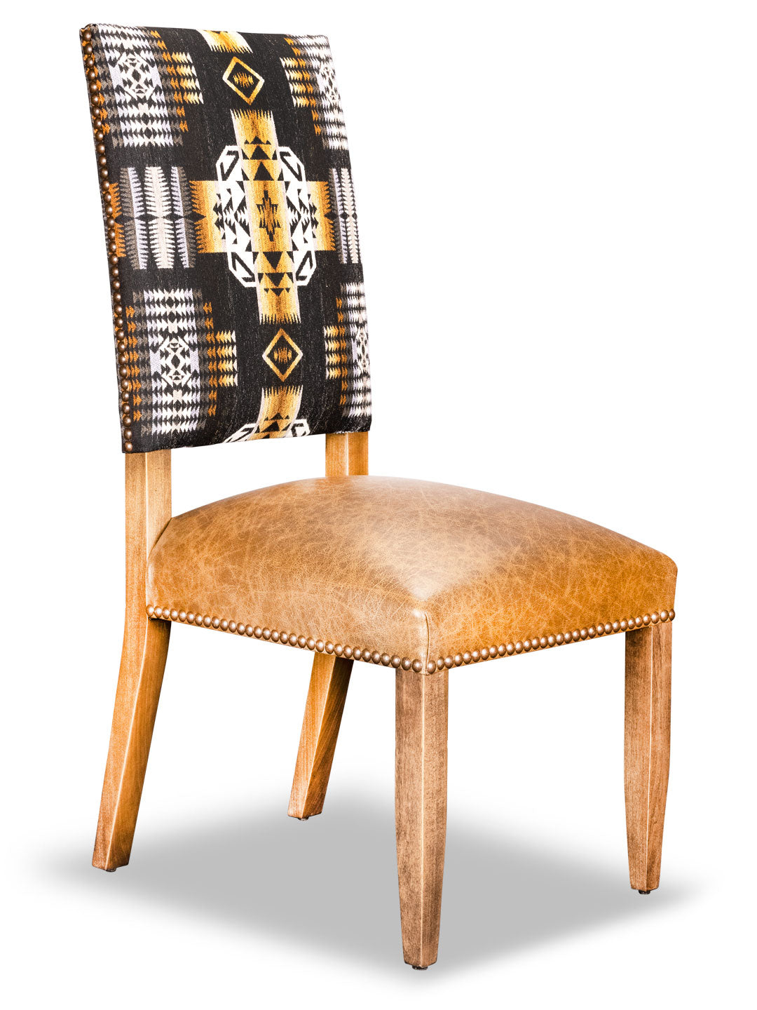 A Dakota Southwestern Style Dining Chair with a straight-back frame, driftwood finish, and an Apache fabric design on the backrest, featuring a genuine leather seat.