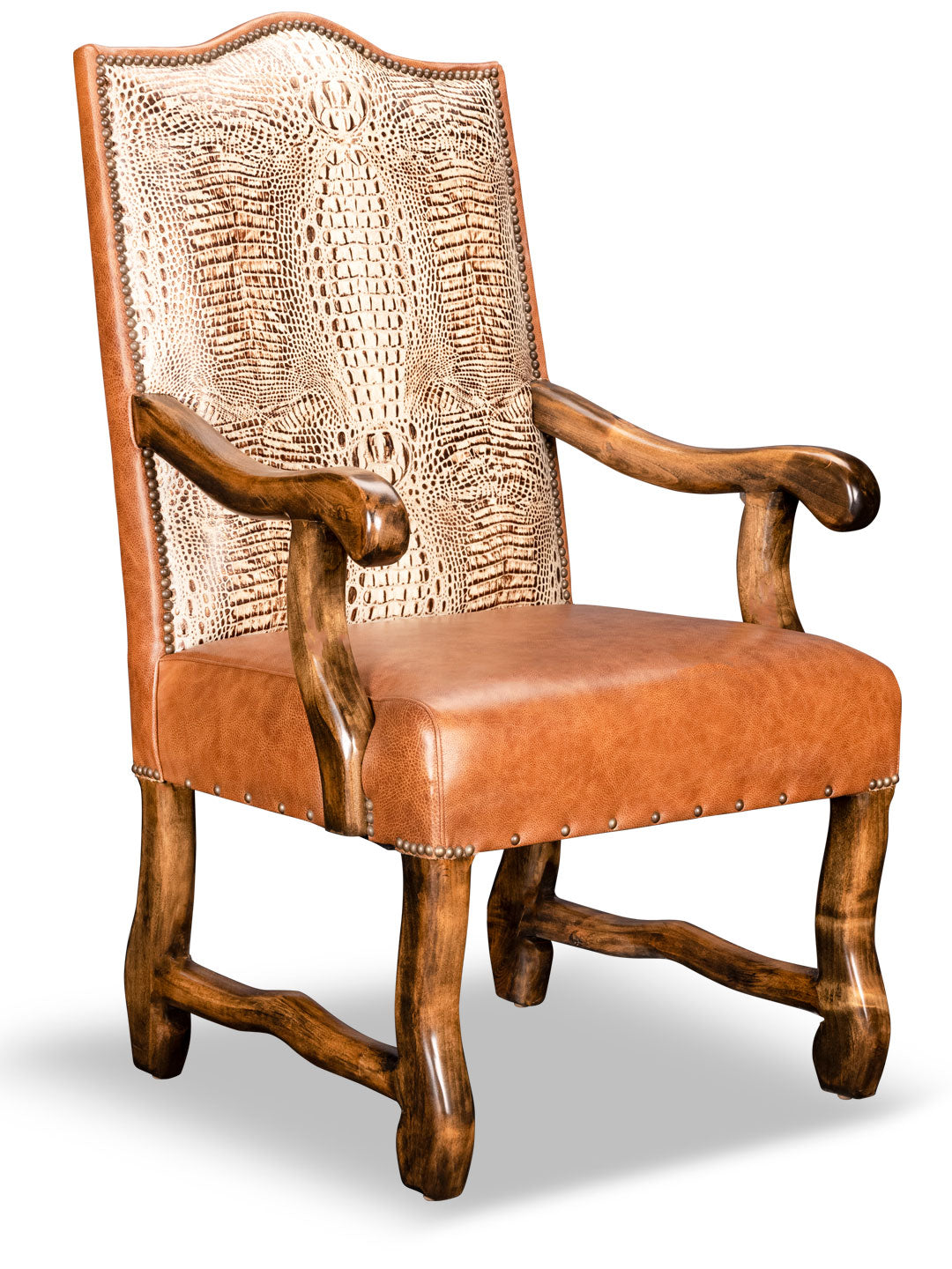 A luxurious leather dining chair with a unique crocodile pattern finish in white, ivory, and gold, featuring wooden armrests and a cushioned seat.