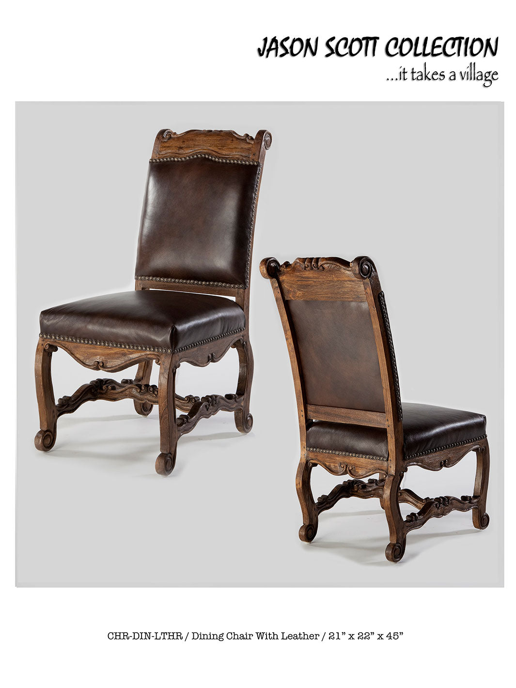 Two Jason Scott dining chairs with leather seats, one showing the front view and the other showing the back view. The chairs have a wooden frame with intricate details and the leather is brown.
