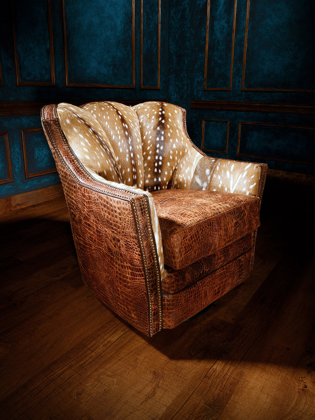 A rustic swivel chair with brown crocodile leather upholstery and a tufted backrest, displayed in a dark room.