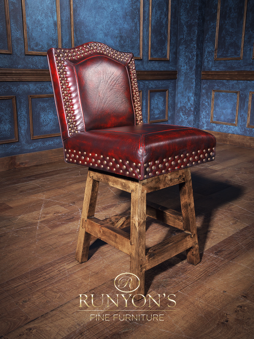 A red upholstered armless bar stool with a western rustic style, featuring a wooden base and leather upholstery.
