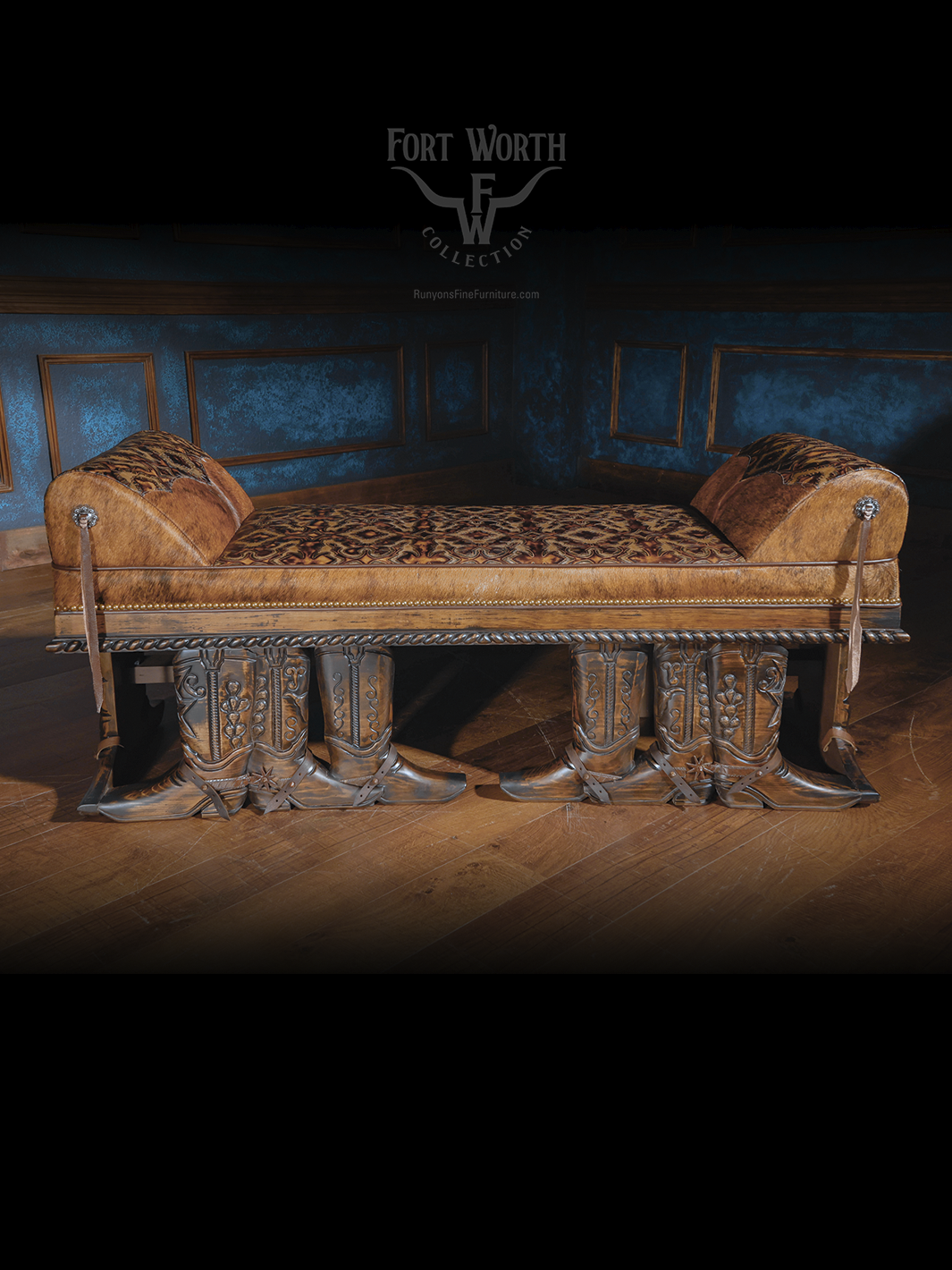 Western-style bench with leather and patterned fabric, supported by cowboy boot-shaped carved wooden legs.