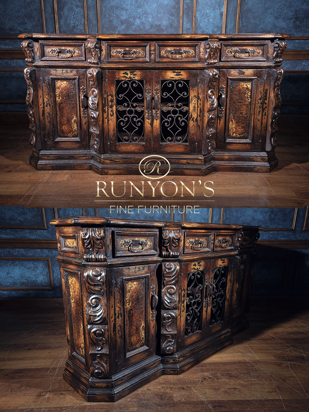 A hand-painted wooden buffet table with four drawers and four doors, featuring a dark finish and ornate detailing.