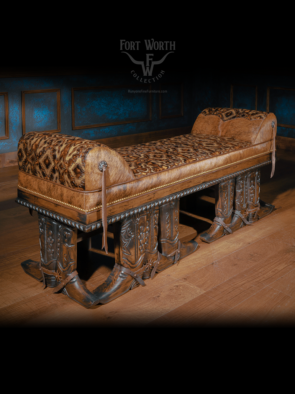 Side view of a Western bench with cowboy boot-shaped carved legs and leather upholstery.