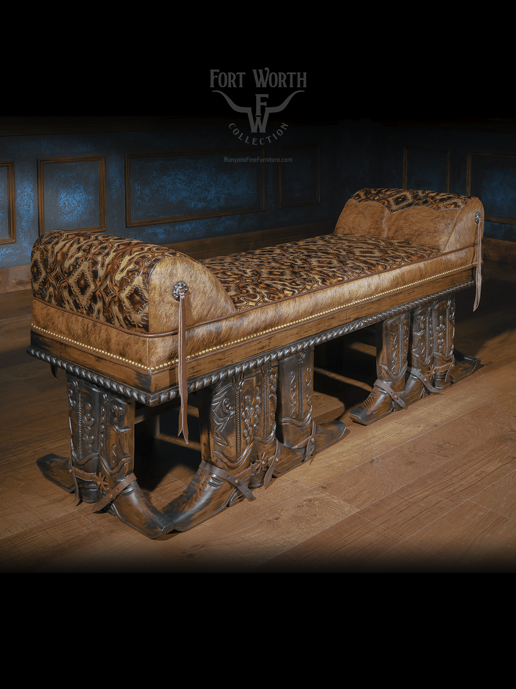 Side view of a Western bench with cowboy boot-shaped carved legs and leather upholstery.