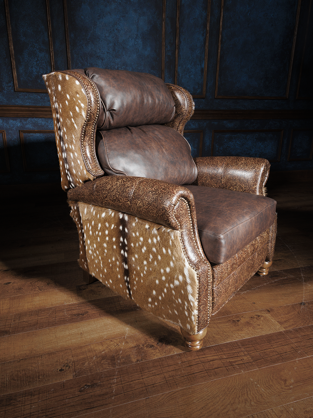 A brown leather recliner chair with tufted backrest and angled recline, positioned in a room with a dark blue wall and wooden flooring.