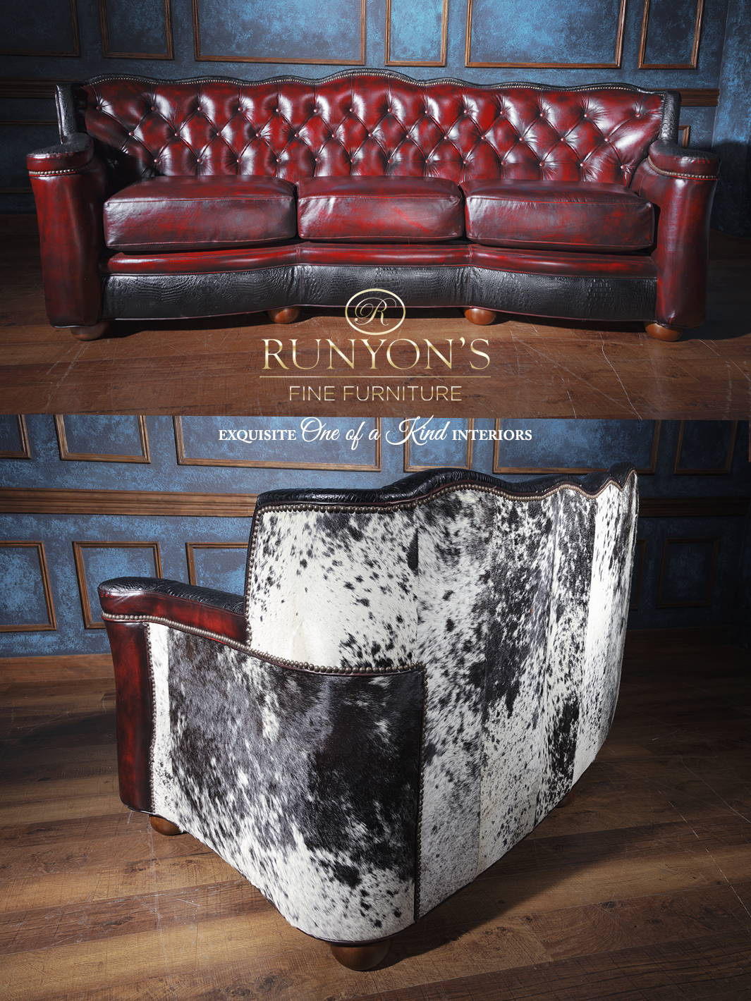 Front and rear view of a western-style sofa with burgundy tufted leather, black embossed leather base, and white and black speckled cowhide back. Rustic design combines elegance and rugged appeal.