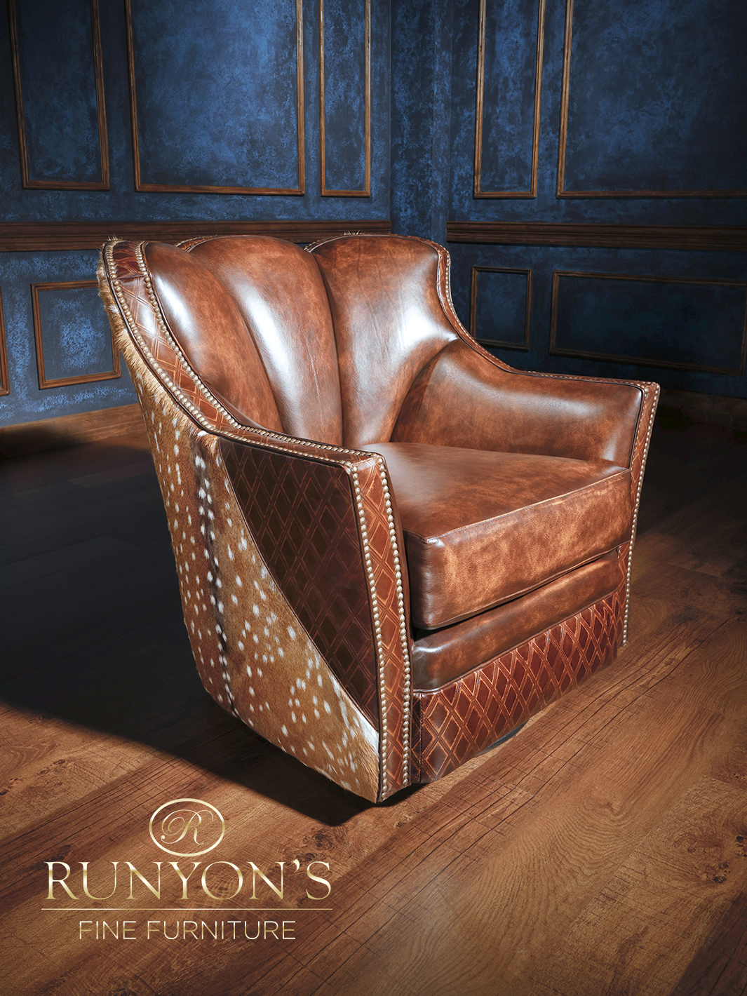 A brown leather swivel chair with a diamond pattern and visible stitching, placed in a room with blue walls.