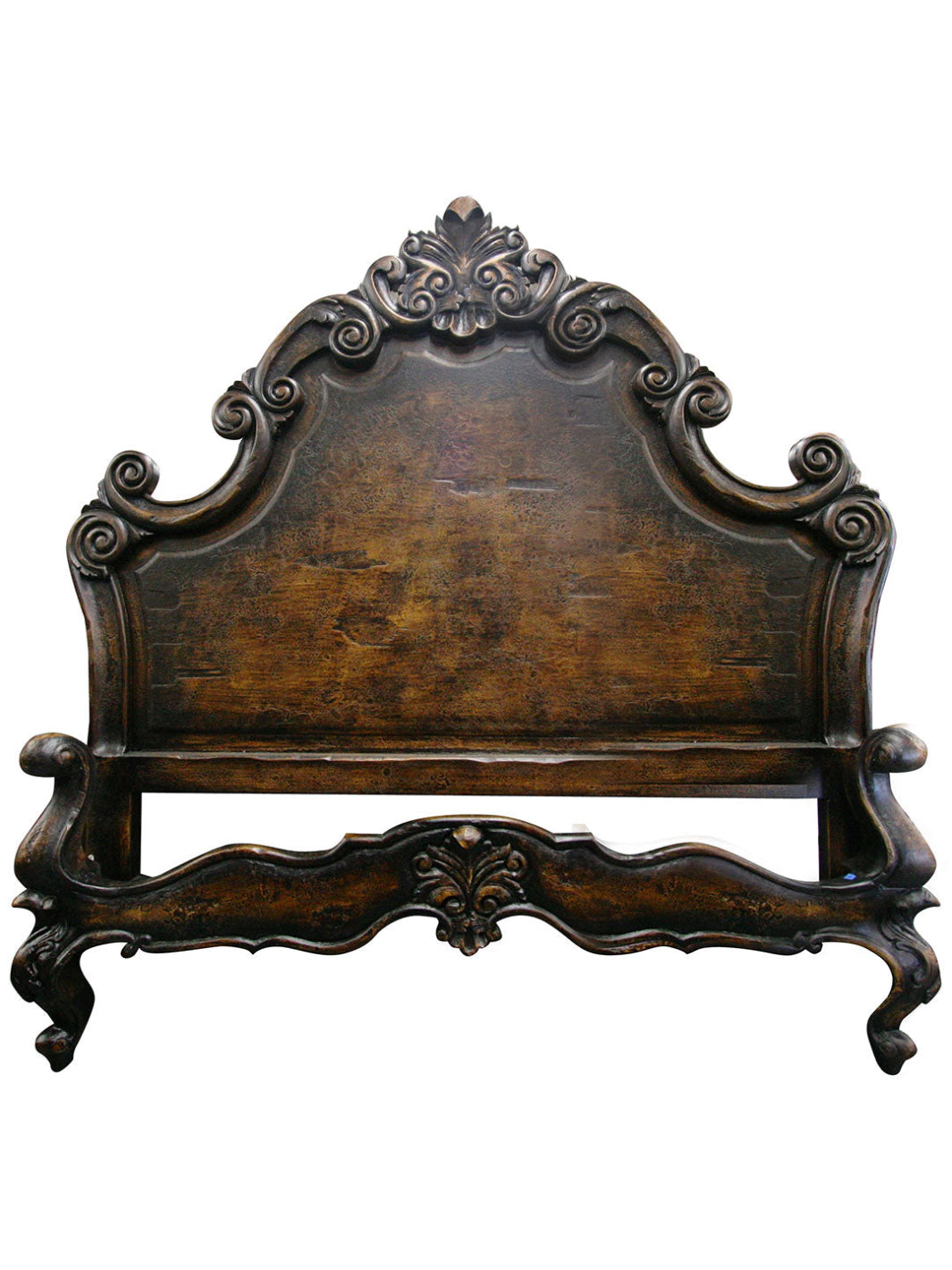 Antique-style brown wooden bed with a high headboard and curved detailing.