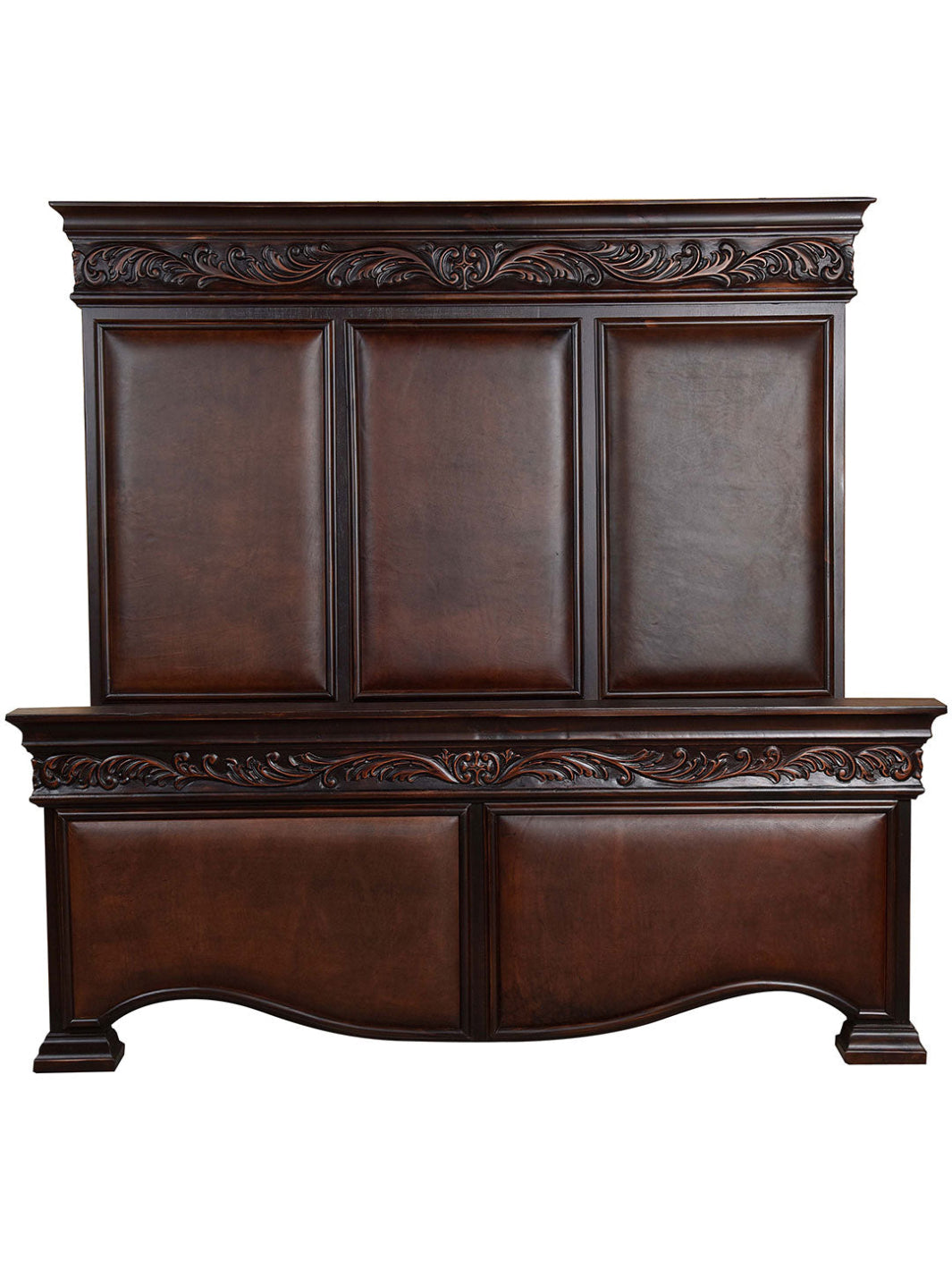 A traditional style brown wooden bed with intricate wood grain patterns and a high headboard.