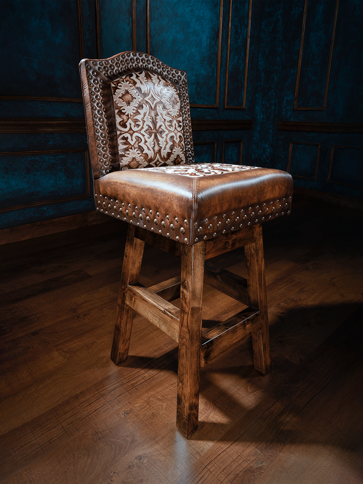Old Henry Armless Chisum Western Bar Stool featuring leather upholstery, rustic design, and stud details, embodying a classic Western style.