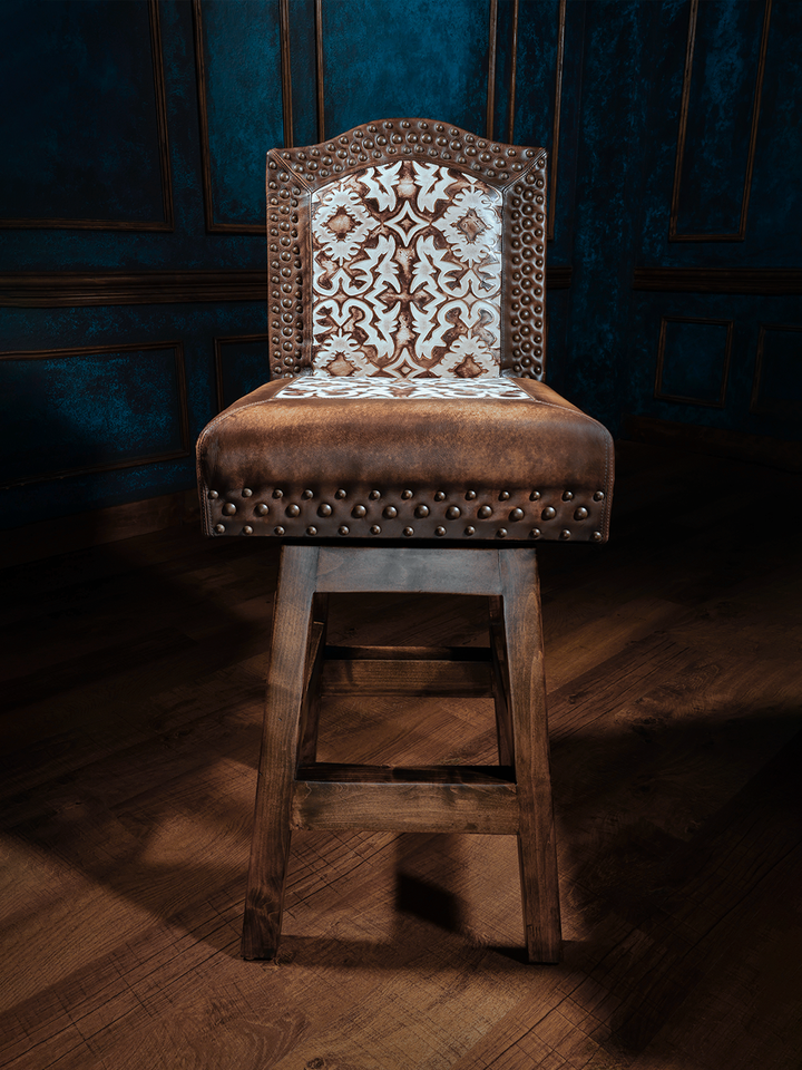 Old Henry Armless Chisum Western Bar Stool with studded leather upholstery, showcasing a rustic design, emphasizing comfort and Western charm.