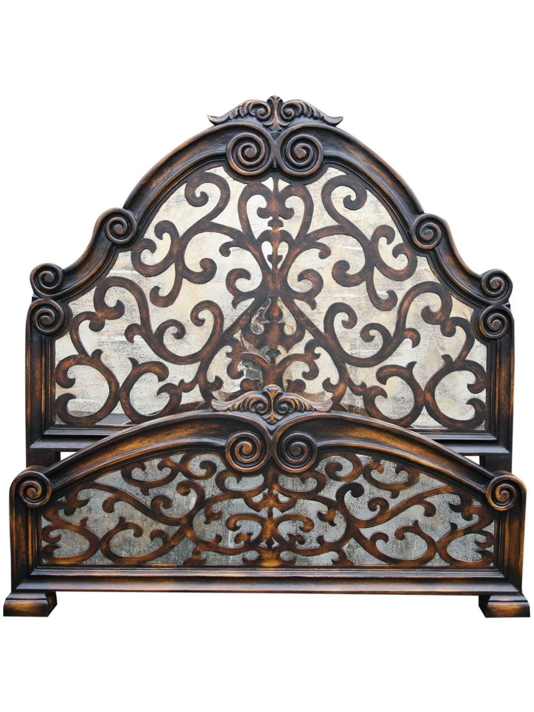 A wooden bed frame with a detailed, ornate headboard design.