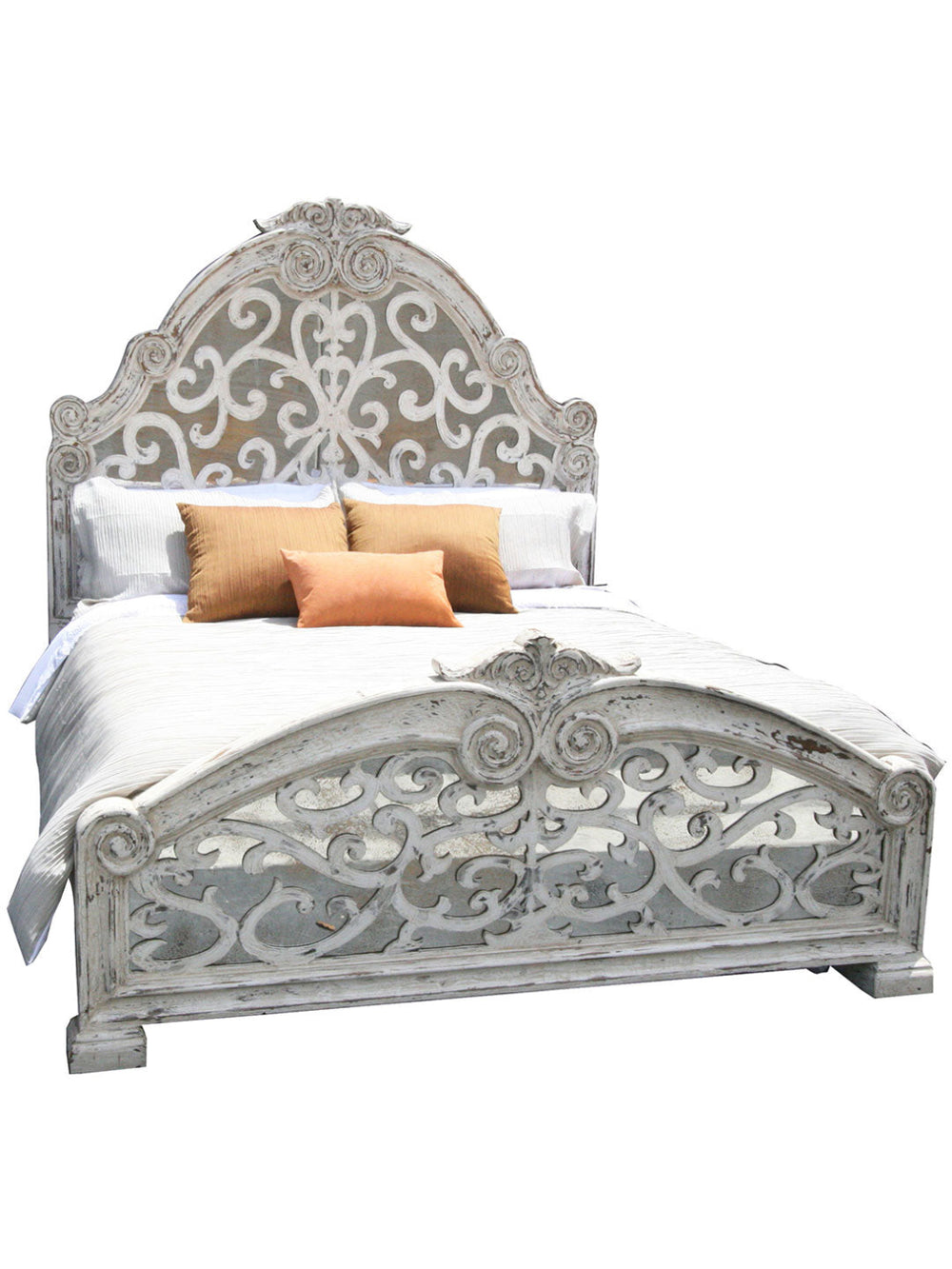 Decorative bed with intricate carvings on a white background