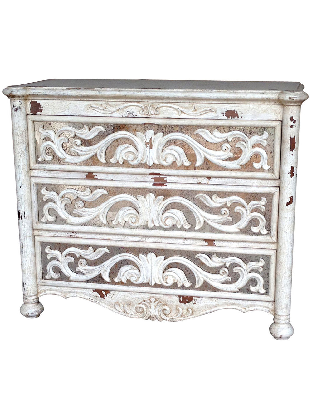 A vintage-style wooden dresser with ornate design and a dark finish, featuring three drawers with intricate details.