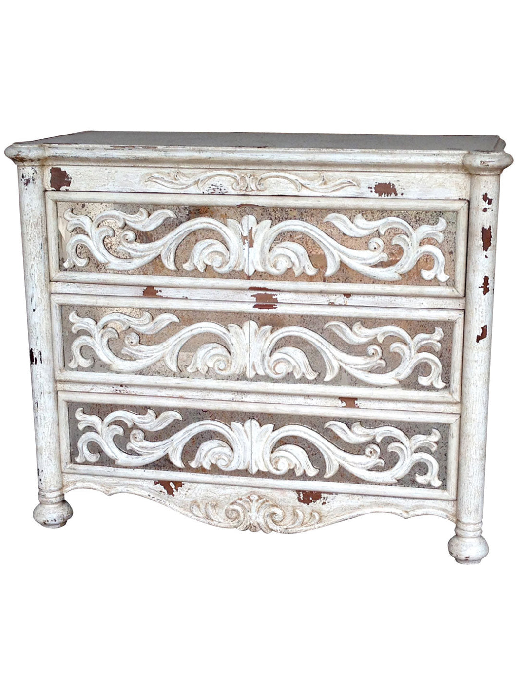 A vintage-style wooden dresser with ornate design and a dark finish, featuring three drawers with intricate details.