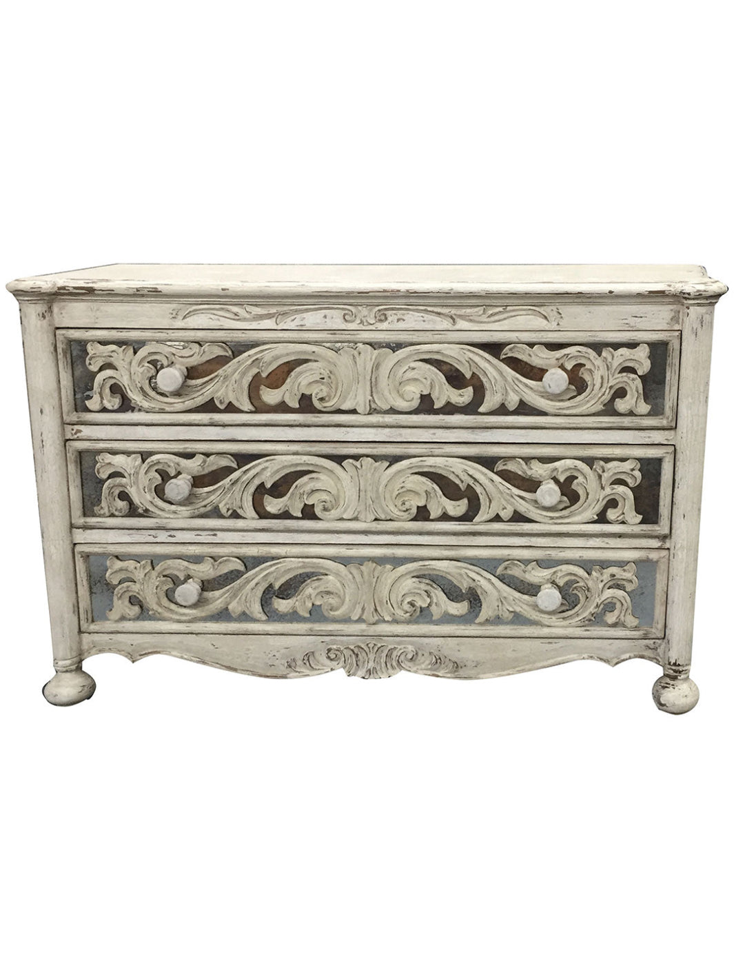 A hand-painted wooden dresser with intricate wood grain patterns and floral motifs in a classic design.