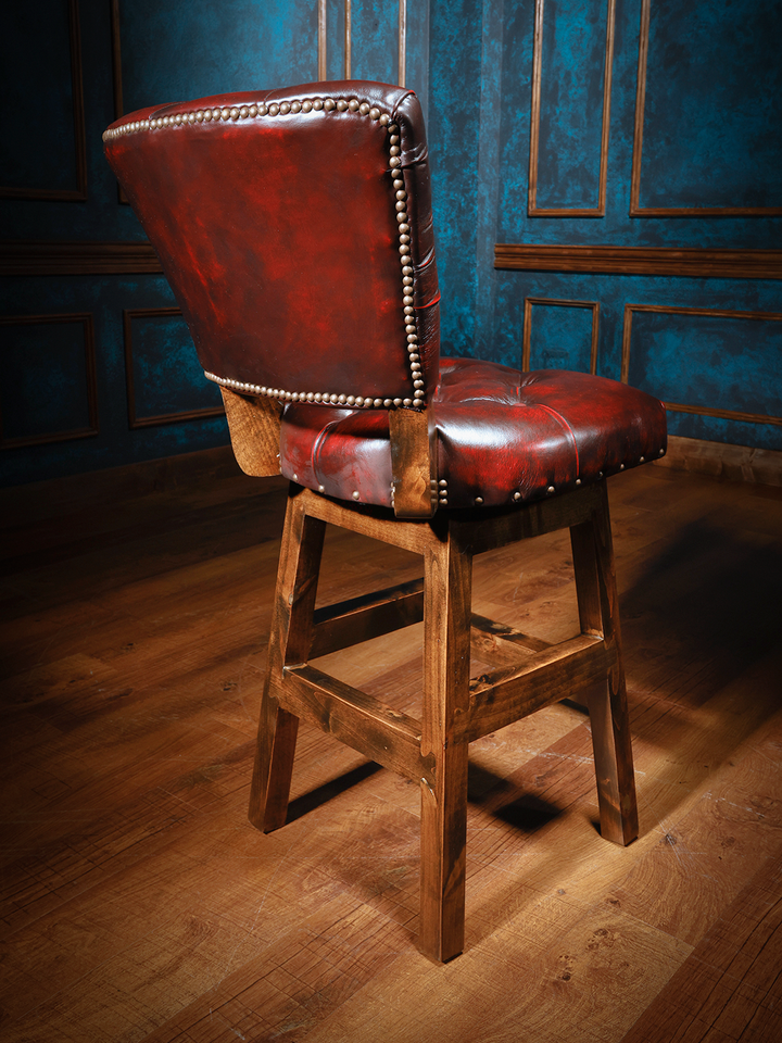 red armless western leather barstool back view