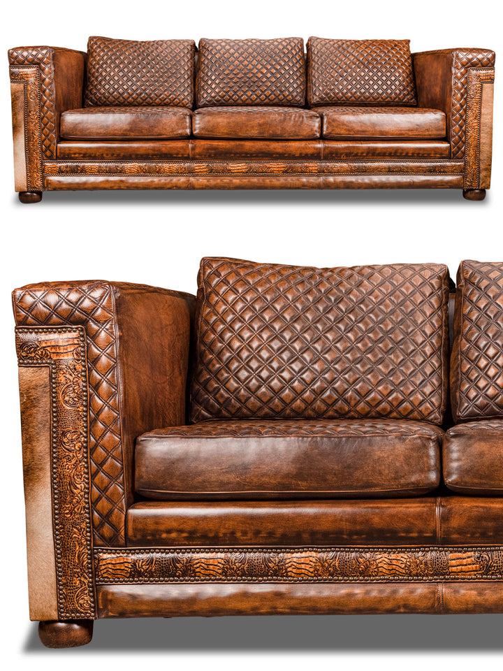 A brown quilted leather sofa with a diamond pattern, featuring a three-seater configuration and quilted backrest and armrests.