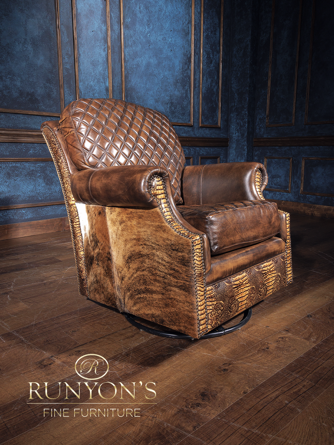 A brown quilted leather swivel chair with diamond stitch pattern, displayed in a room with blue walls.