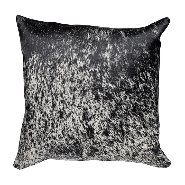 Square pillow with a speckled hair on hide pattern of black and white, creating a textured, natural look.