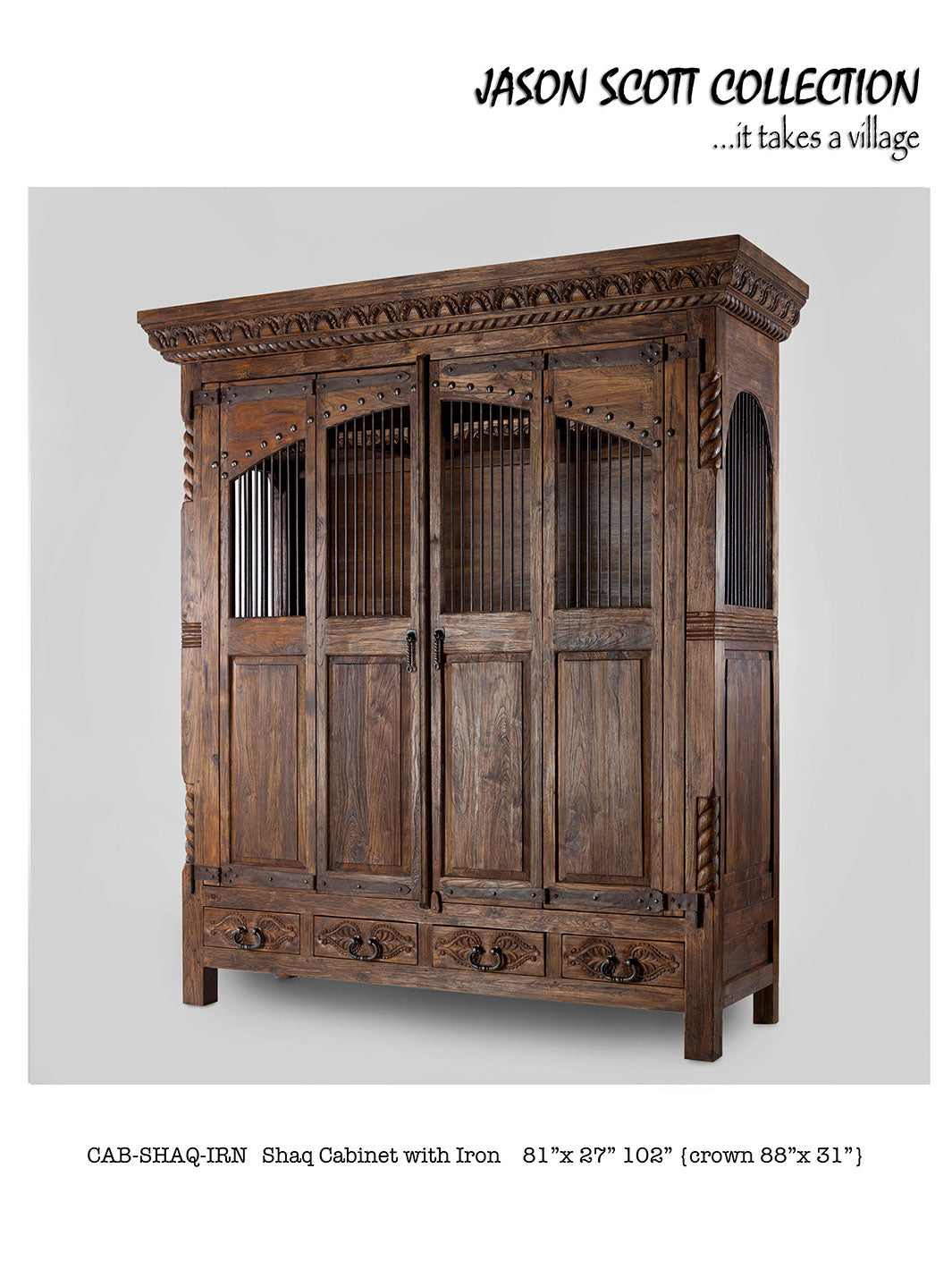 A large, brown, wooden cabinet with intricate designs and iron accents, part of the Jason Scott Collection.