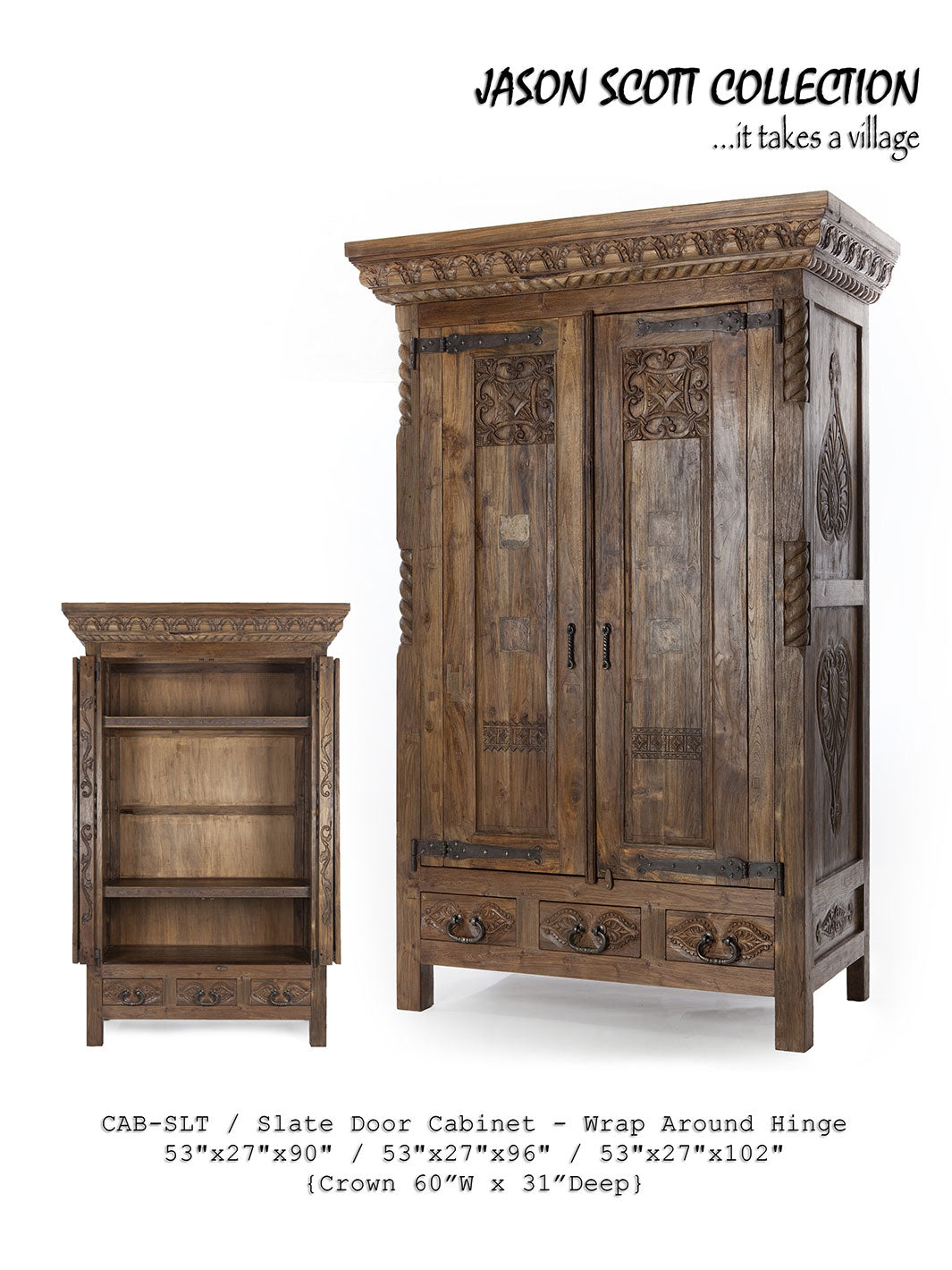 A slate door cabinet with wrap around hinge, featuring intricate wood carvings and a high crown molding, in a camel color.