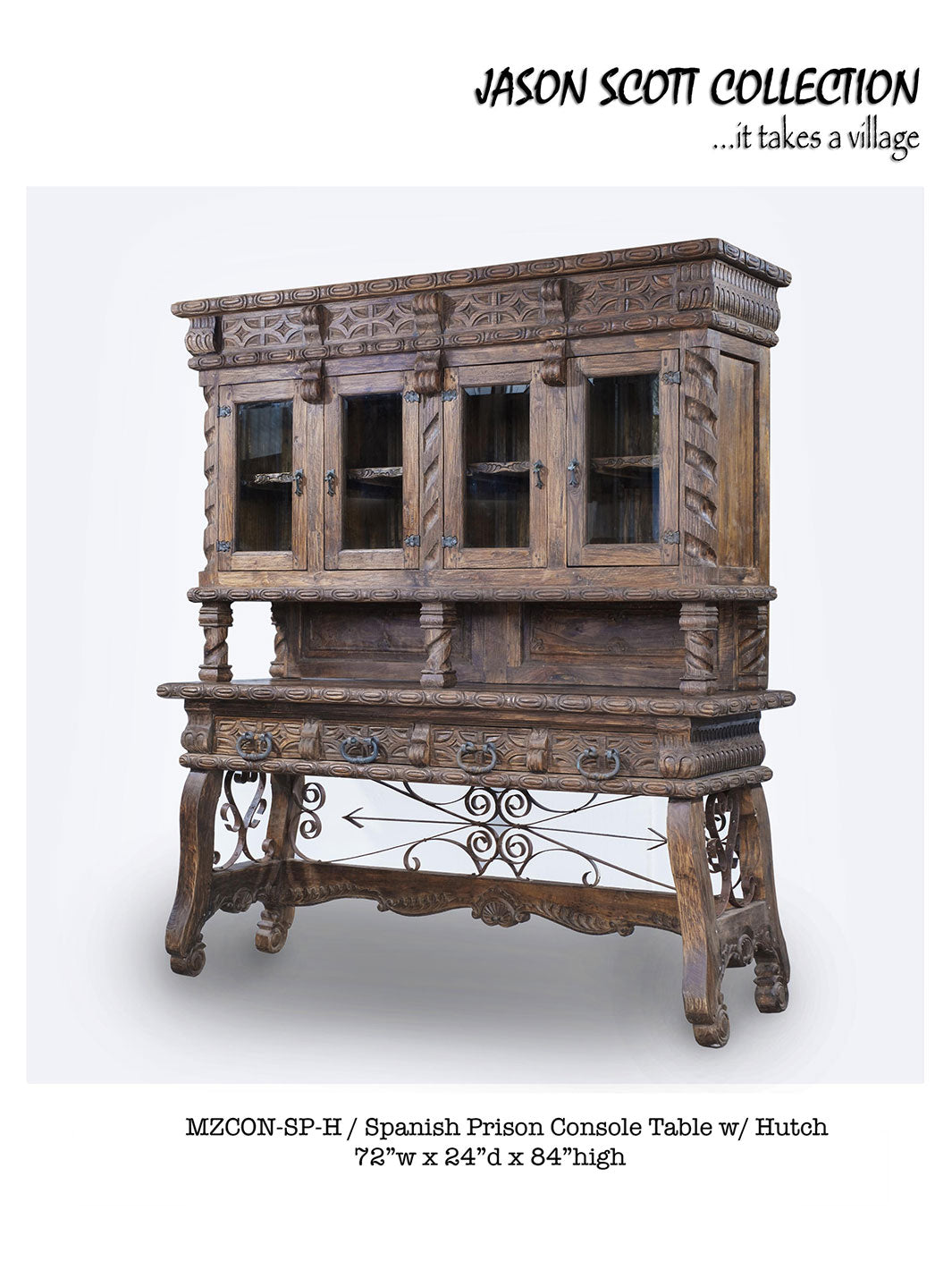 A Jason Scott Collection console table made of teak wood with intricate carvings, featuring a pair of doors and a hutch.