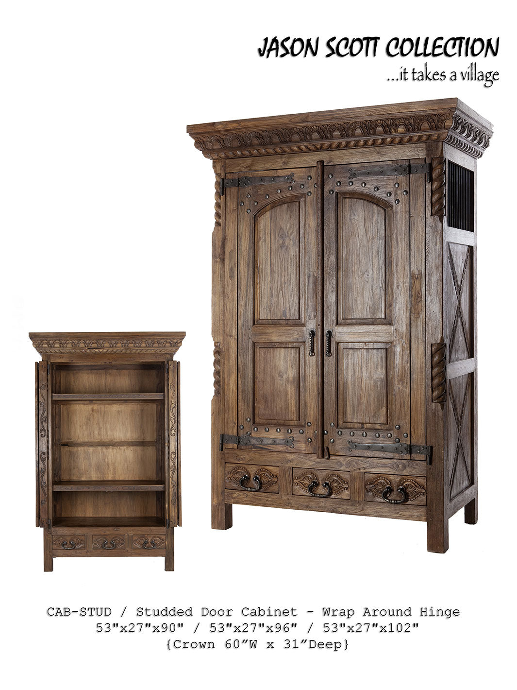 A Jason Scott studded door cabinet featuring a wooden exterior, a door with studs, and interior shelving. The cabinet has a traditional design with a crown molding and a wrap around hinge.