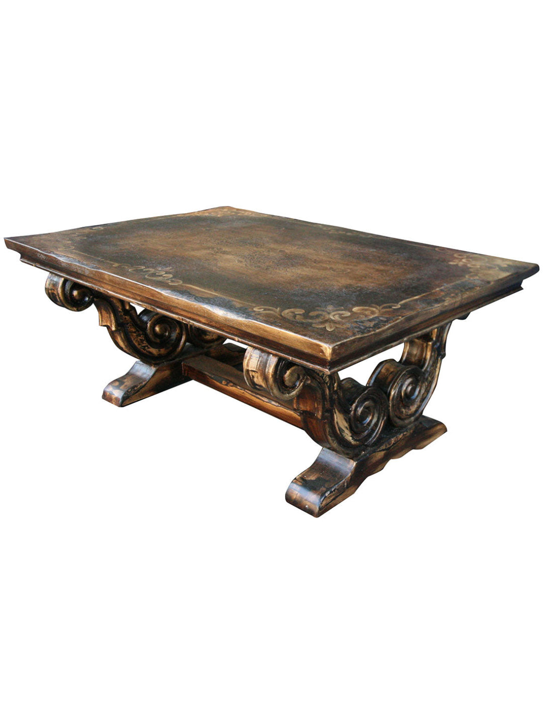 A rectangular Bria coffee table with a wood frame and legs featuring a dark brown finish and ornate designs.