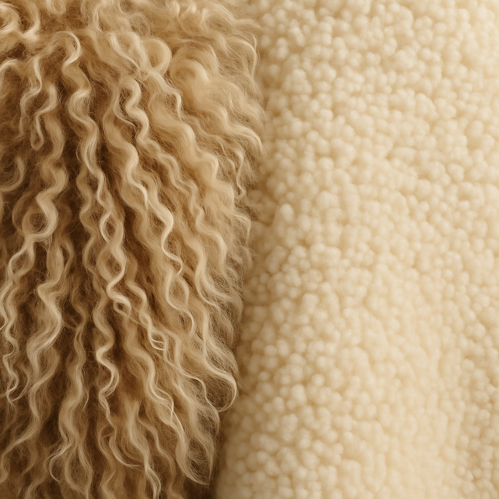 Macro detail comparing long-curl Tibetan lamb against dense shearling fleece