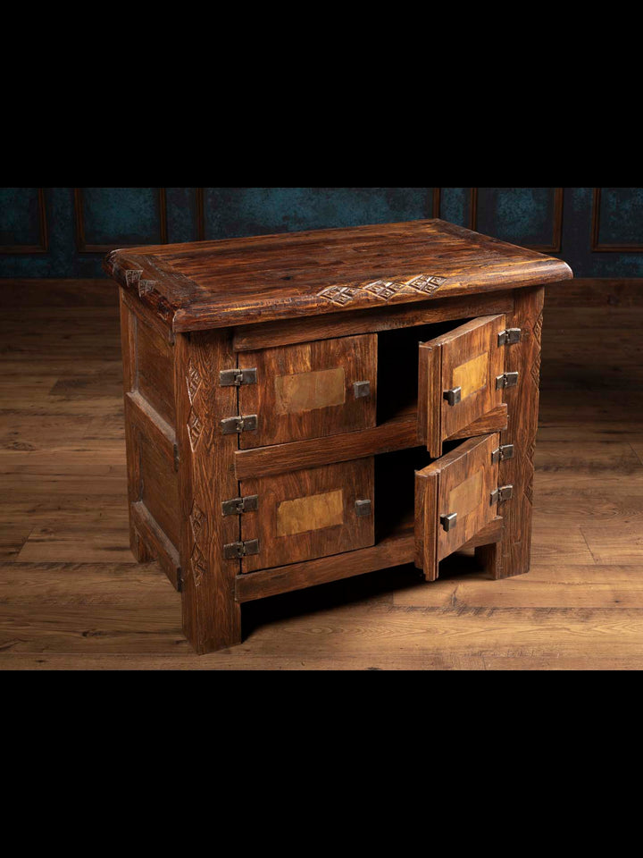 Front view of the Jason Scott 4 door bedside chest with the right side doors open to showcase the interior storage compartment.