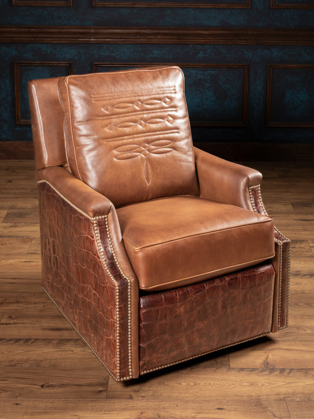 Full front view of Antique Almond Leather Swivel Recliner