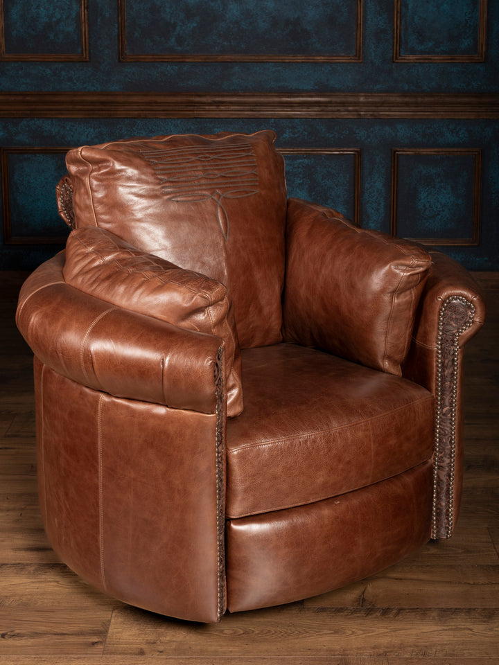 Front view of Boot Stitch Leather Swivel Recliner in brown leather