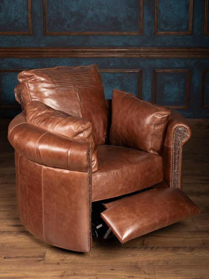 Reclined view of Western leather swivel recliner with footrest extended