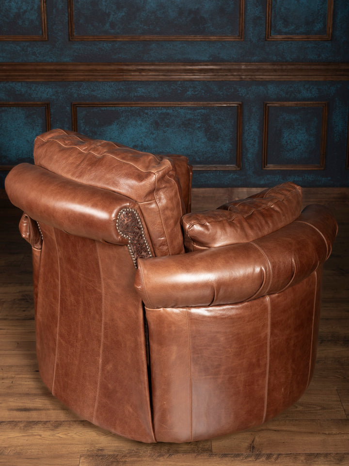 Back view of leather snug recliner with curved silhouette