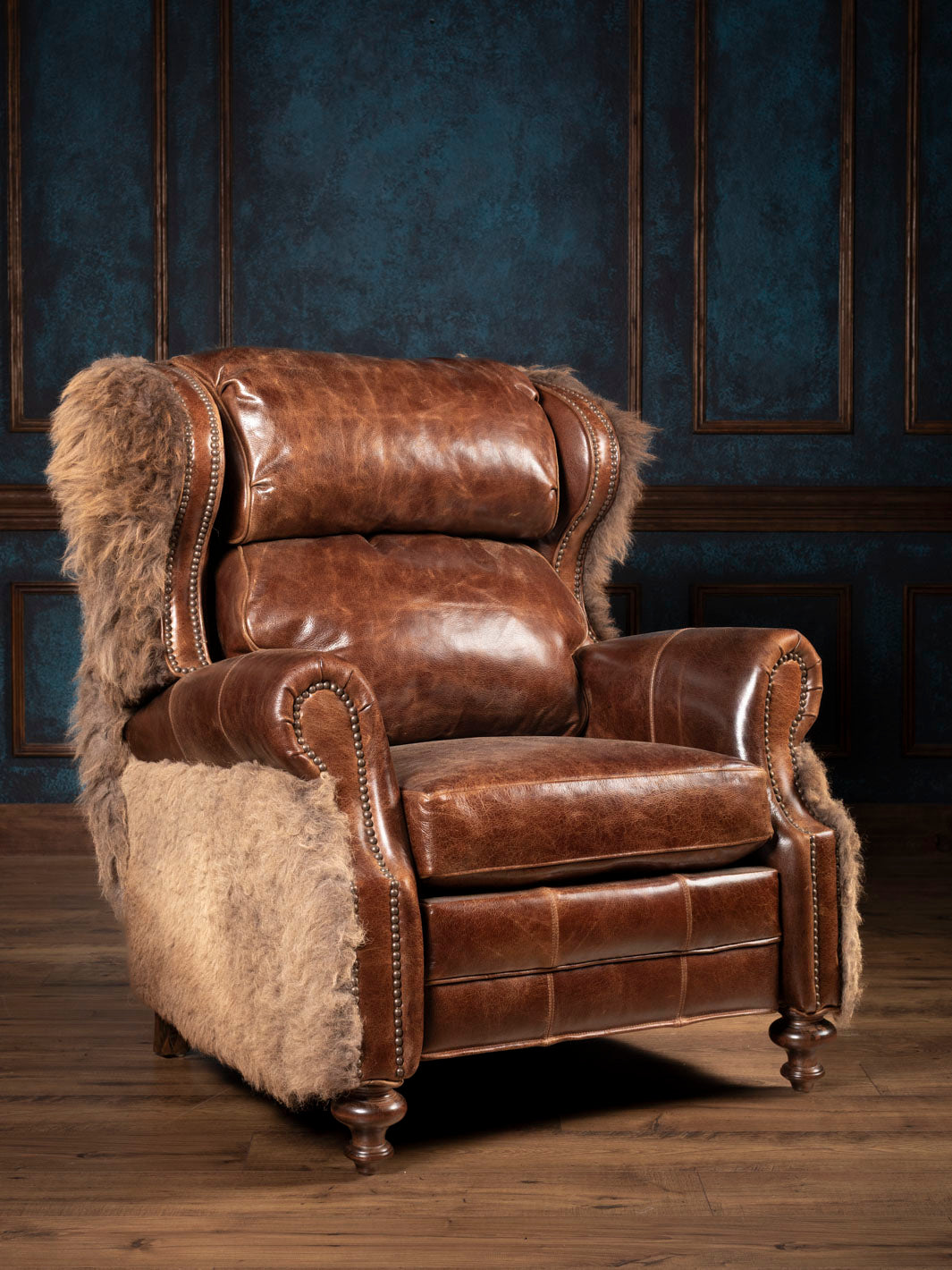 Brown leather recliner with hair on hide accents