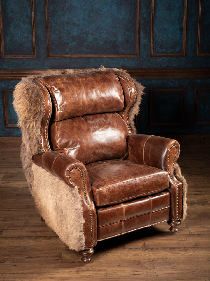 Brown leather armchair with fur trim against a dark paneled wall.