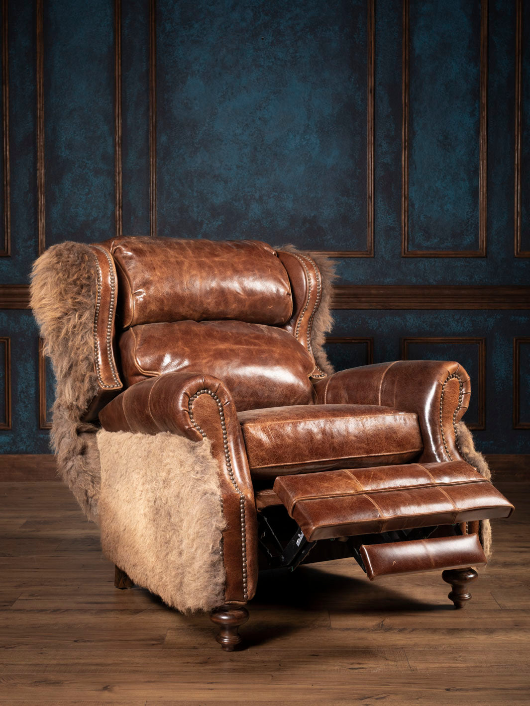 Brown leather recliner in reclined position.