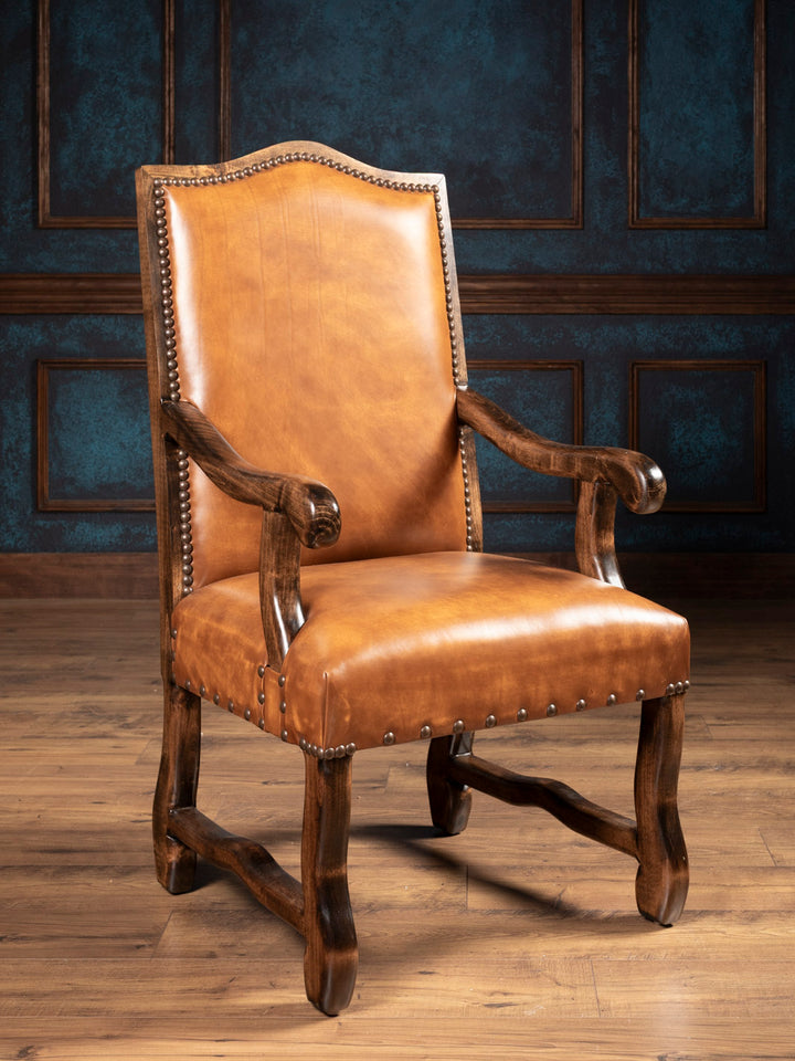 Front view of brown leather arm chair 