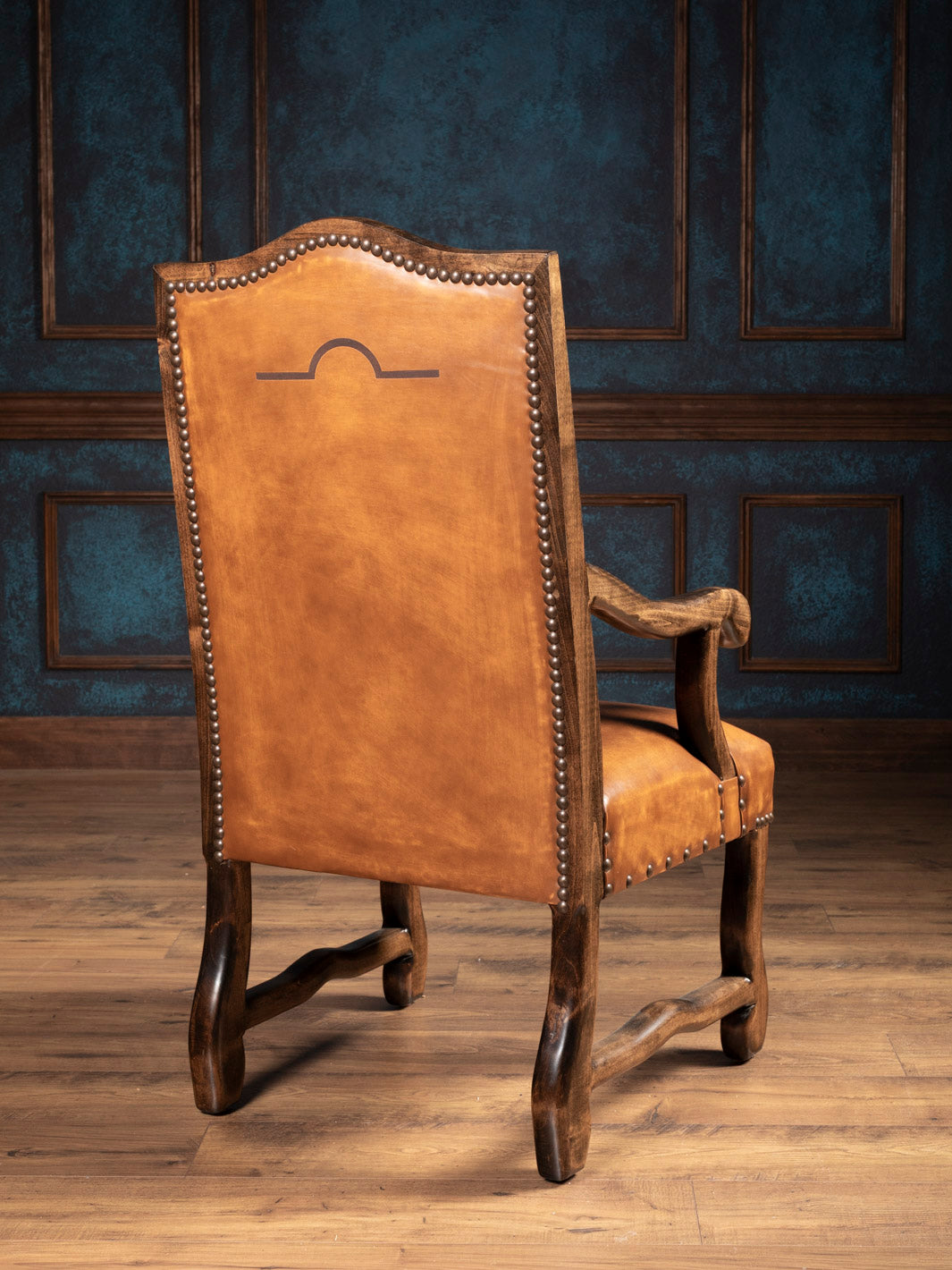 Outside back of dining chair with arms and outside back laser brand