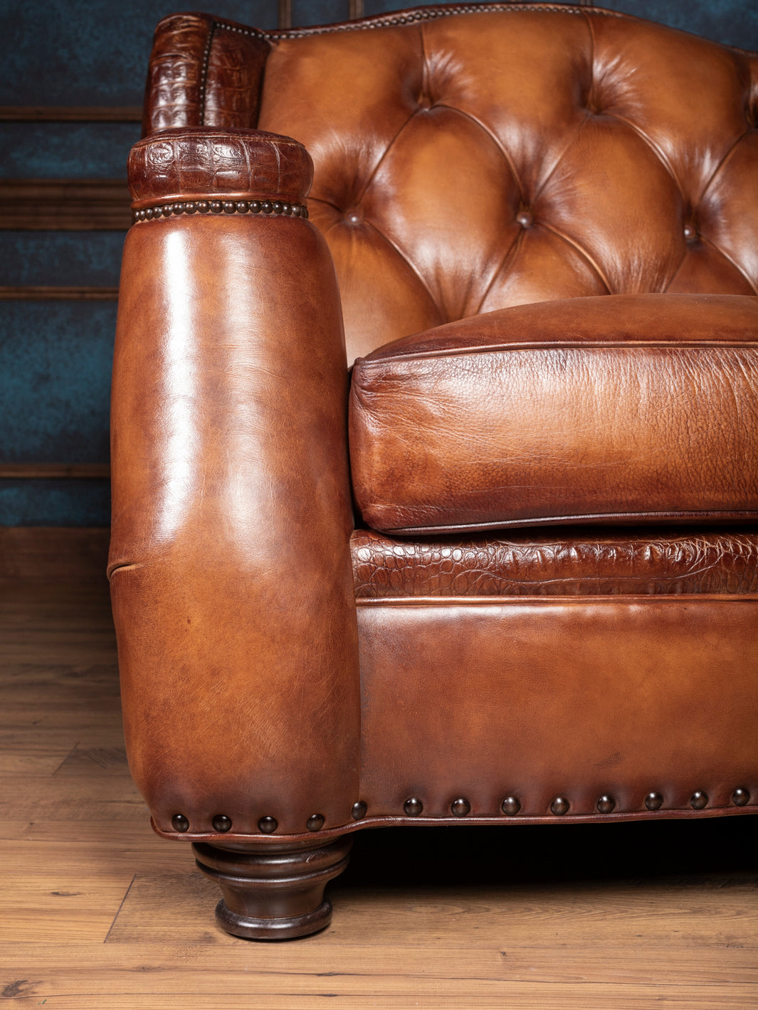 Chestnut Leather Sofa with Croc Accent