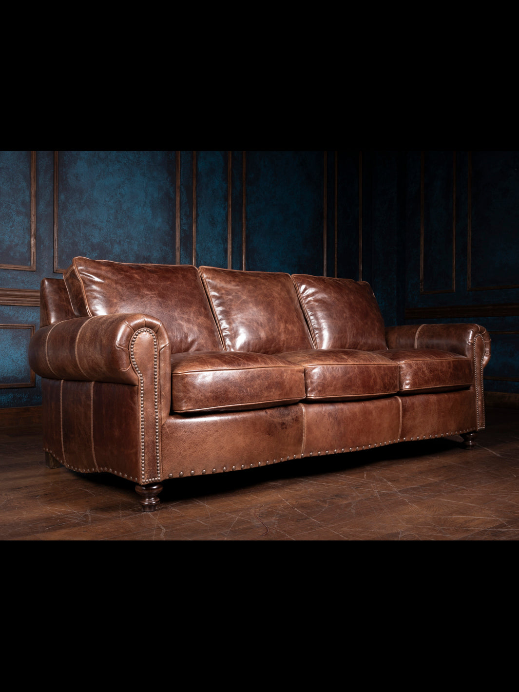 Dark Rum Rolled Arm Leather Sofa