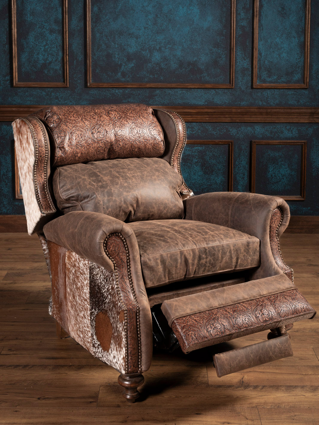 Brown leather recliner in reclined position
