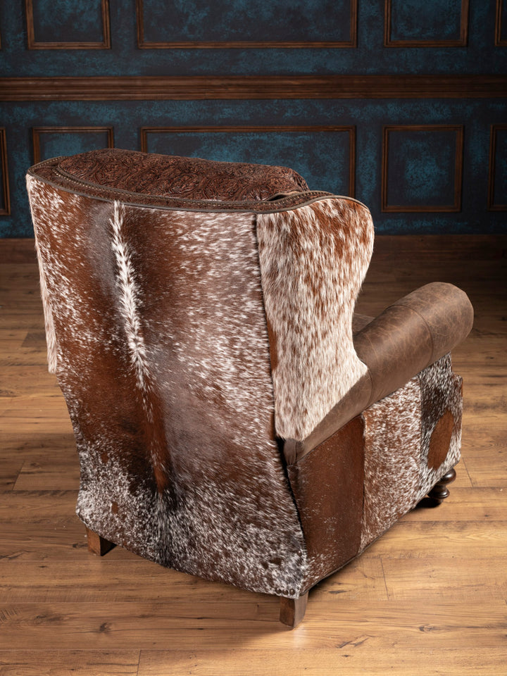 Outside back angle of recliner featuring cowhide