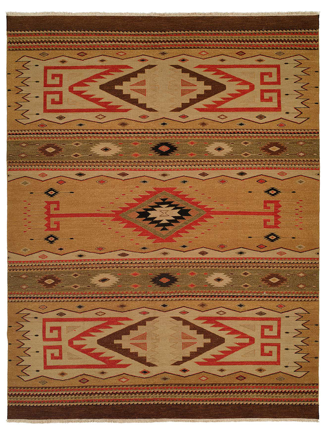 Rug with geometric pattern featuring red, brown, and beige colors on a white background