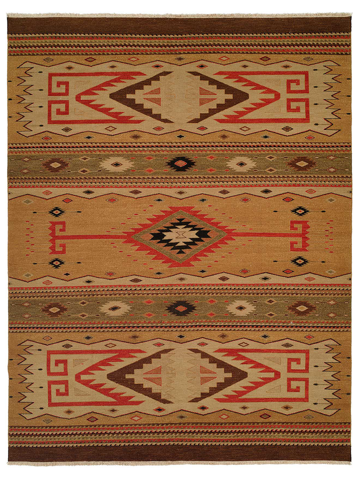 Rug with geometric pattern featuring red, brown, and beige colors on a white background