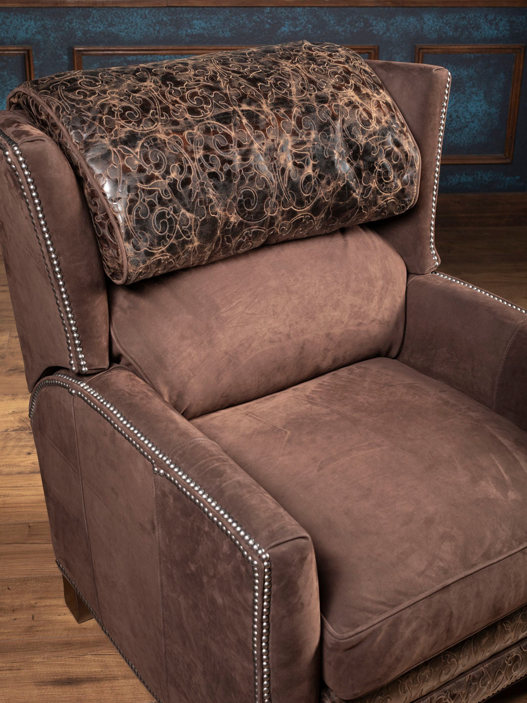 Brown leather recliner seat cushion and inside back